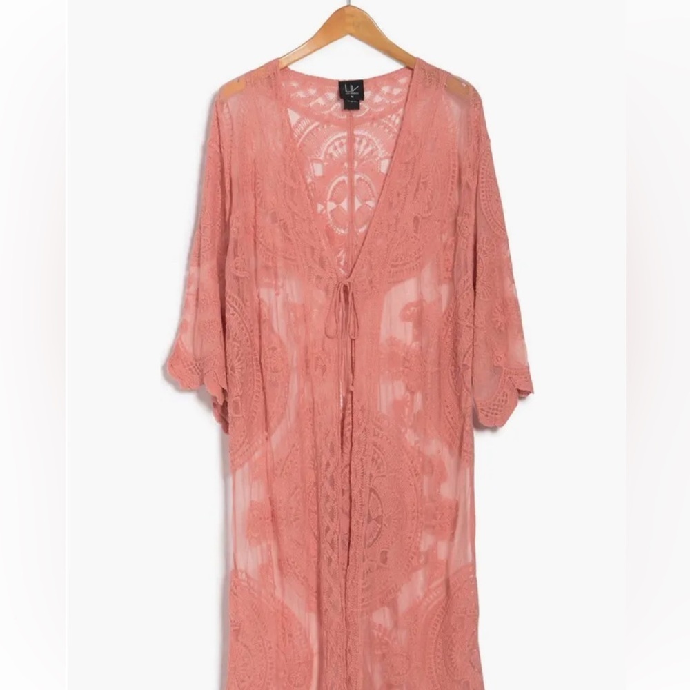 Forgotten Grace Crochet Trim Tie Front Duster Sheer Lace Kimono rose/pink